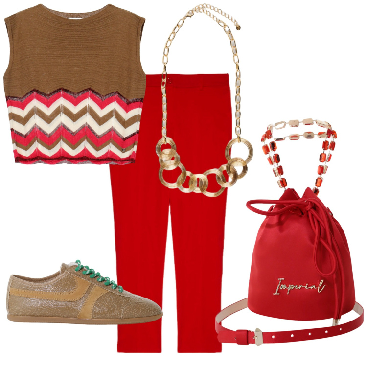 Outfit donna - Vivace quanto basta. Stile Casual per Tutti i giorni. Abbinamento con maglieria, borse a secchiello, sneakers, pantaloni, collane.