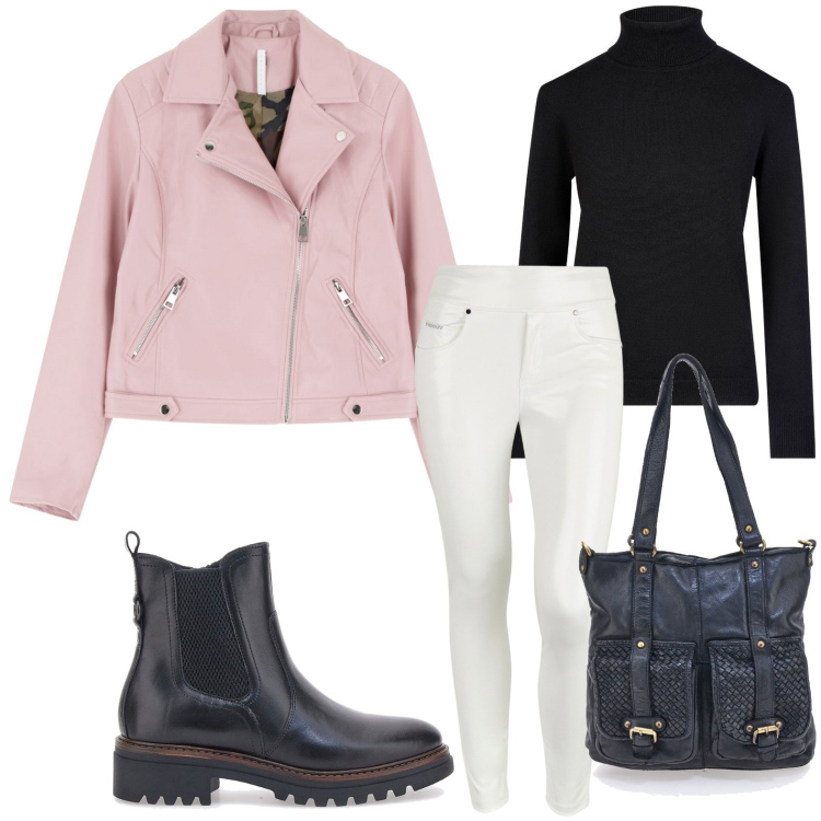 Outfit donna - Un tocco di rock. Stile Casual per Tutti i giorni. Abbinamento con blazer, pantaloni skinny, stivaletti chelsea, maglieria, borse a spalla.