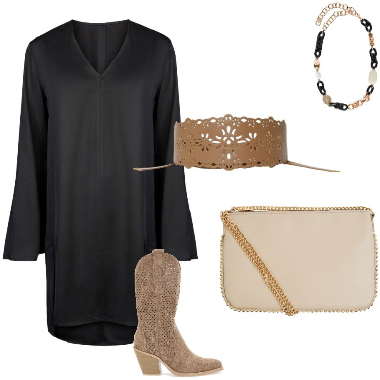 Outfit donna - Un semplice abito nero. Stile Casual chic per Tutti i giorni. Abbinamento con cinture, borse a tracolla, vestiti a tubino, stivaletti, collane.