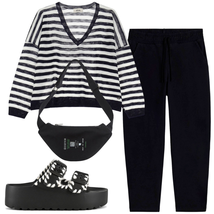 Outfit donna - Total look #2244151. Stile Minimal per Tutti i giorni. Abbinamento con marsupi, pantaloni, maglieria, ciabatte.