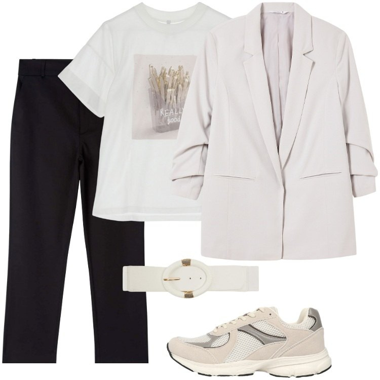 Outfit donna - Total look #2244152. Stile Casual per Ufficio. Abbinamento con blazer, pantaloni chino, cinture, sneakers, t-shirt.