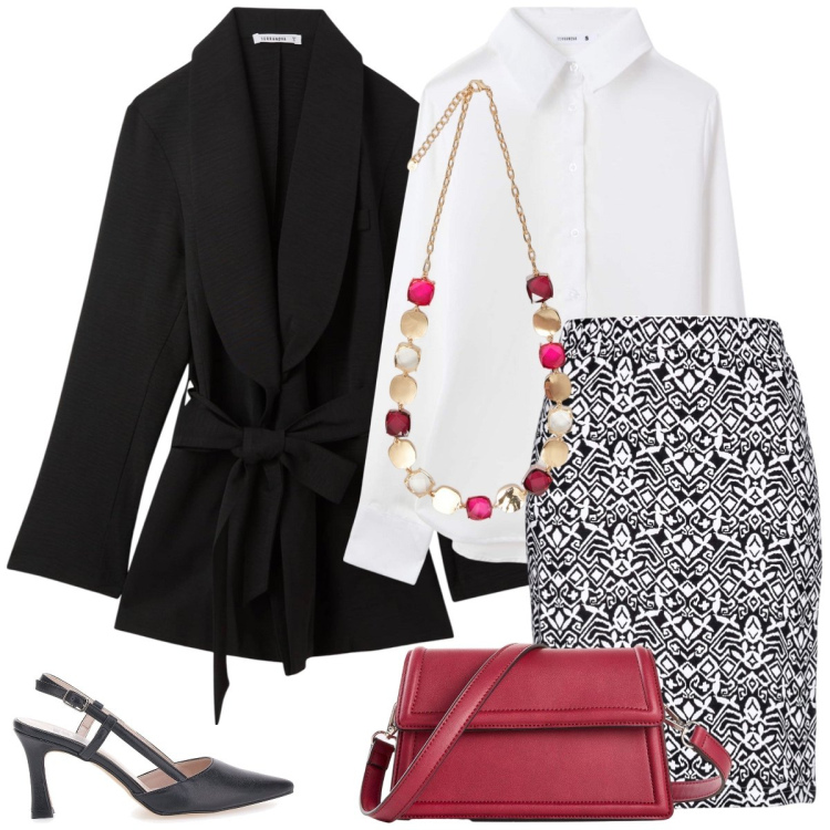 Outfit donna - Total look #2244154. Stile Chic per Tutti i giorni. Abbinamento con gonne, borse a tracolla, camicie, blazer, décolleté, collane.