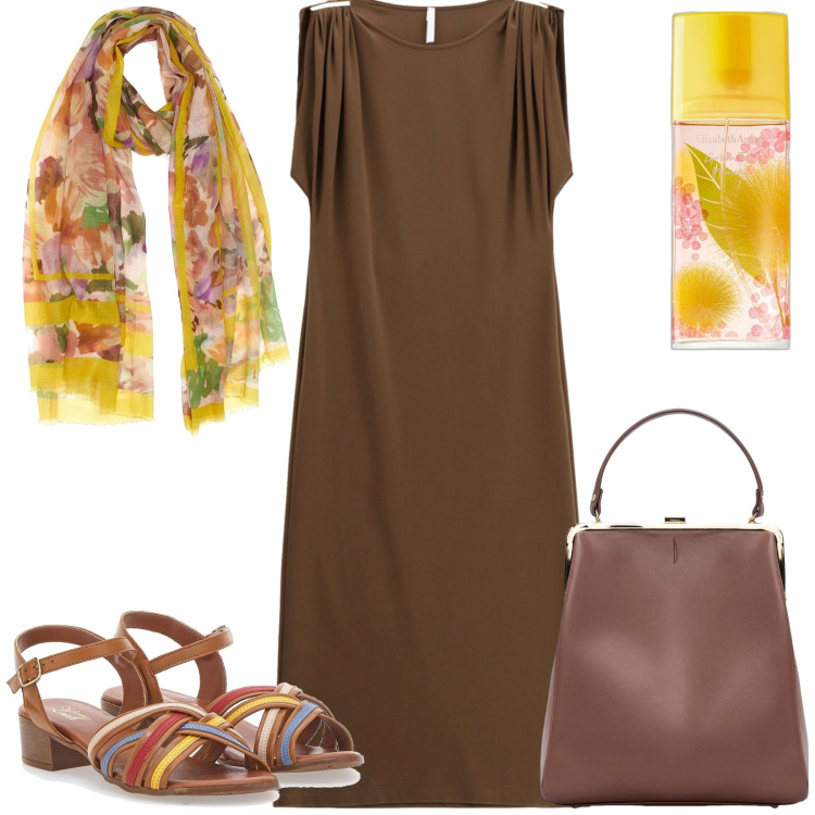 Outfit donna - Comoda tutto il giorno. Stile Casual chic per Tutti i giorni. Abbinamento con profumi, vestiti lunghi, sciarpe, borse a spalla, sandali col tacco.