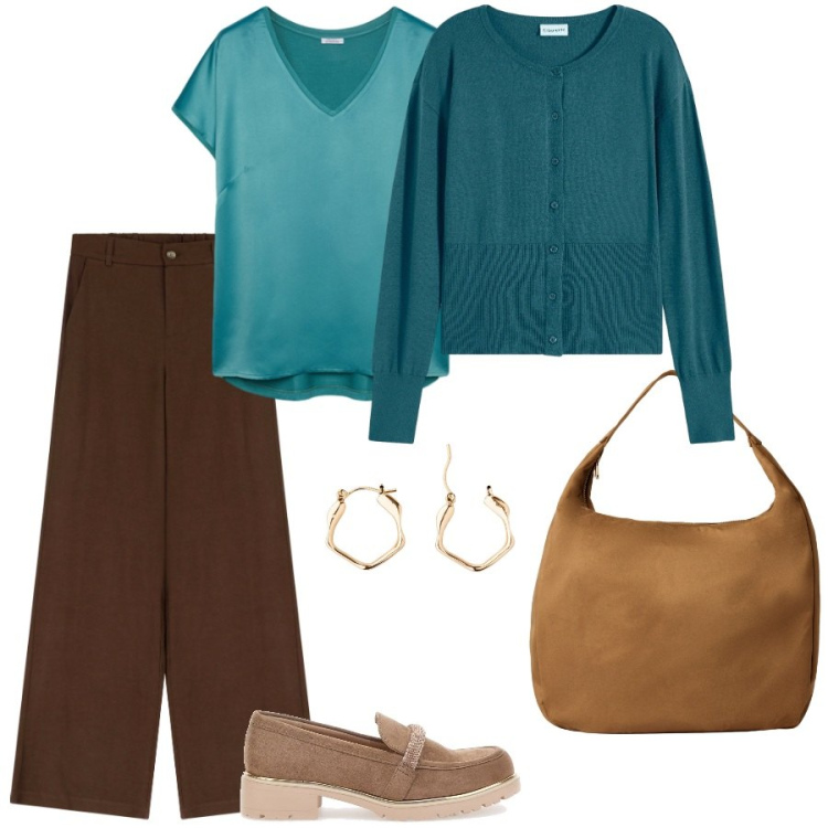 Outfit donna - Capi versatili. Stile Casual chic per Ufficio. Abbinamento con cardigans, orecchini, borse a mano, pantaloni, mocassini, bluse.