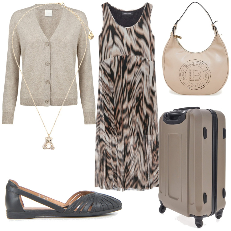 Outfit donna - Pronta per partire. Stile Casual chic per Tutti i giorni. Abbinamento con ciondoli, vestiti lunghi, borse a spalla, valigie, cardigans, ballerine.