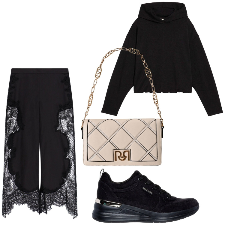Outfit donna - Pizzo e sporty. Stile Casual per Serata fuori. Abbinamento con felpe con cappuccio, borse a tracolla, pantaloni a palazzo, sneakers.