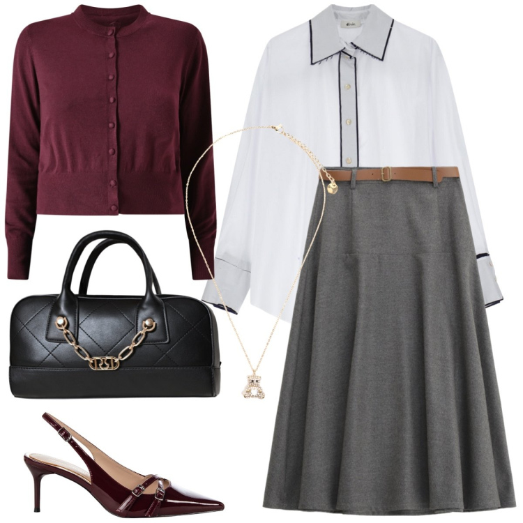 Outfit donna - Total look #2244161. Stile Bon Ton per Tutti i giorni. Abbinamento con décolleté, borse a mano, cardigans, gonne lunghe, ciondoli, camicie.