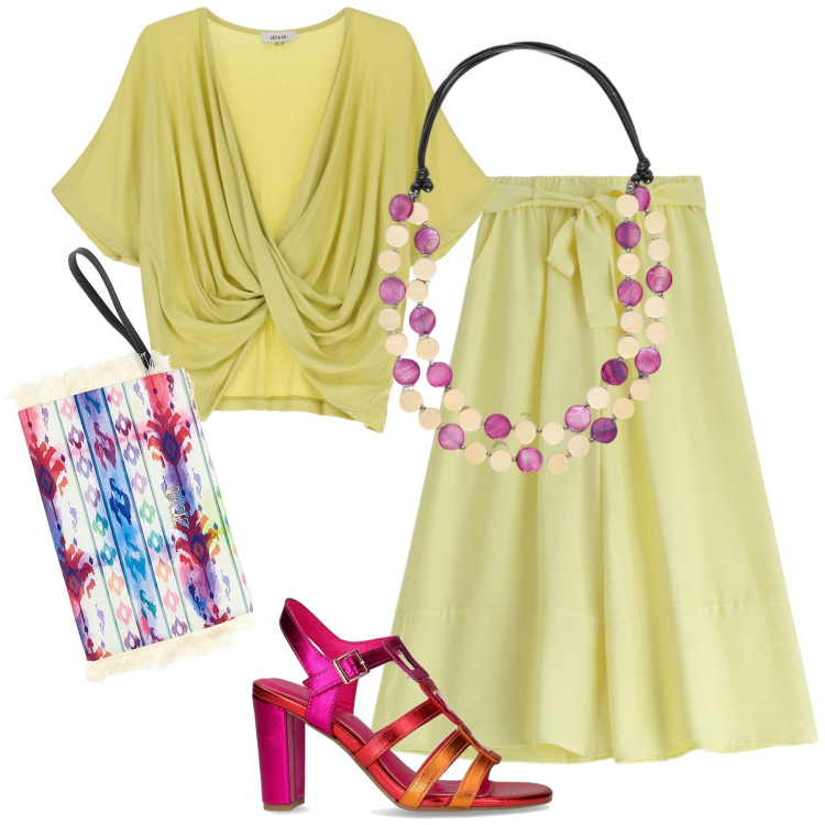 Outfit donna - Colorata cena al ristorante. Stile Trendy per Serata fuori. Abbinamento con pantaloni, t-shirt, pochette, collane, sandali col tacco.