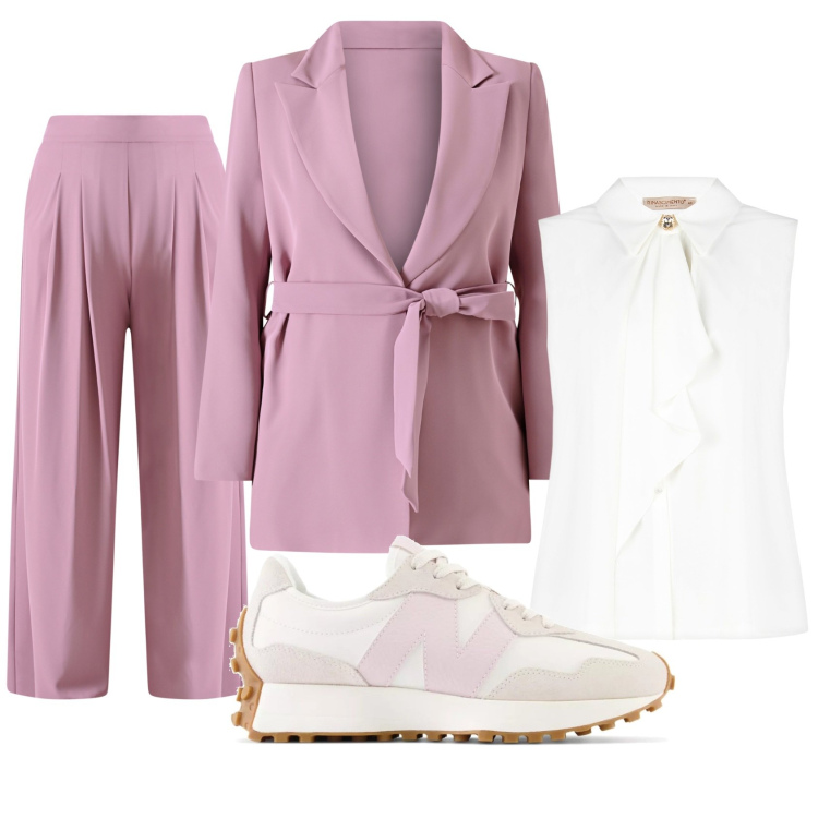Outfit donna - Ufficio smart. Stile Casual chic per Ufficio. Abbinamento con sneakers, top, blazer, pantaloni a palazzo.