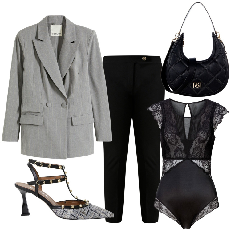 Outfit donna - Grey blazer. Stile Casual chic per Ufficio. Abbinamento con body, blazer, pantaloni skinny, borse a tracolla, décolleté.
