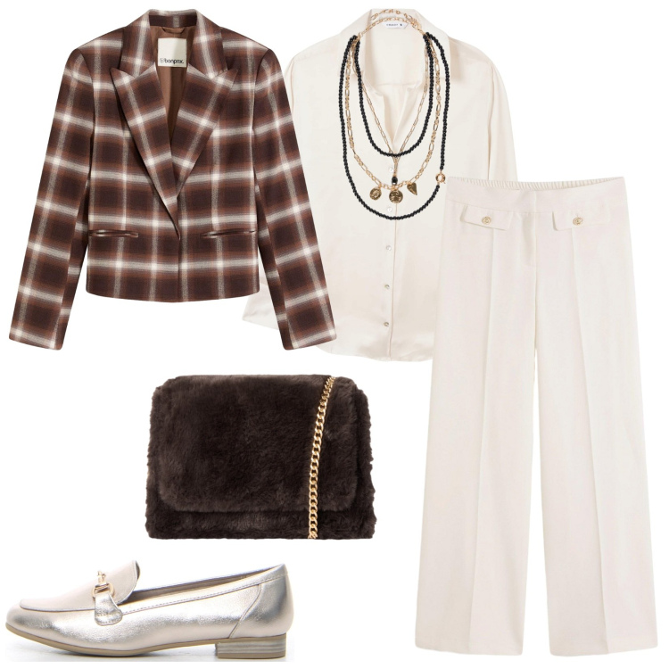 Outfit donna - Fantasia tartan per l\'autunno. Stile Casual per Ufficio. Abbinamento con pantaloni, blazer, camicie, borse a tracolla, collane, mocassini.