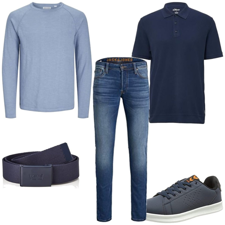 Outfit homme - Pull léger et polo. Style Business/Elégant pour Bureau. Assortir avec ceintures, jean slim, chaussures à lacets, pulls, polos.