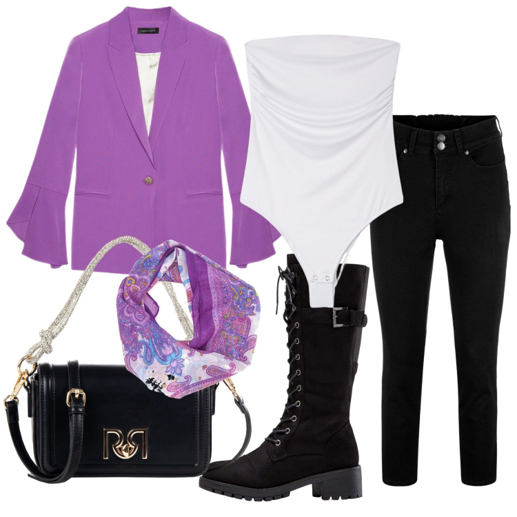 Outfit donna - Blazer audace. Stile Casual chic per Tutti i giorni. Abbinamento con stivali, jeans, body, borse a mano, blazer, foulard.