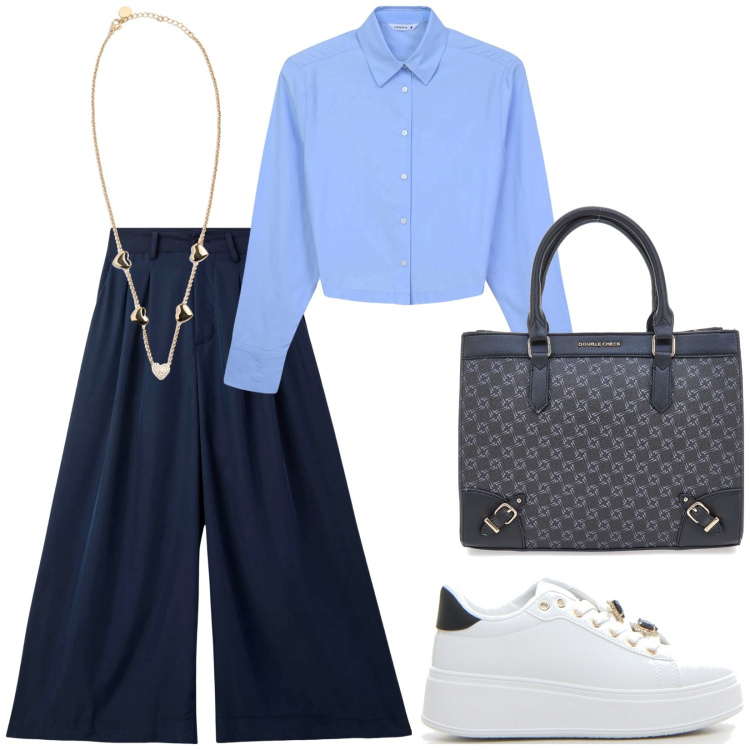 Outfit donna - Total look #2244191. Stile Casual chic per Ufficio. Abbinamento con pantaloni, camicie, collane, borse a tracolla, sneakers.