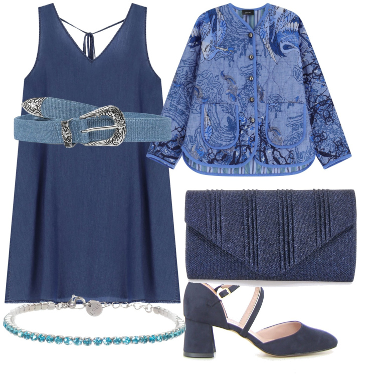 Outfit donna - Cerimonia in blu. Stile Bon Ton per Cerimonia. Abbinamento con cinture, vestiti corti, braccialetti, giacche, clutch, sandali col tacco.