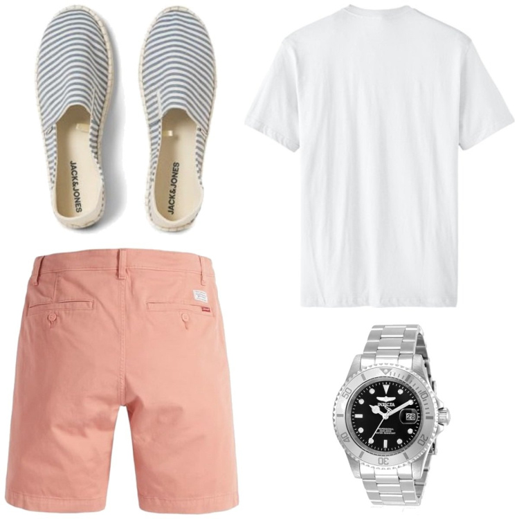 Outfit homme - Derniers beaux jours. Style Tendance pour Tous les jours. Assortir avec t-shirts, short, espadrilles, montres analogiques.