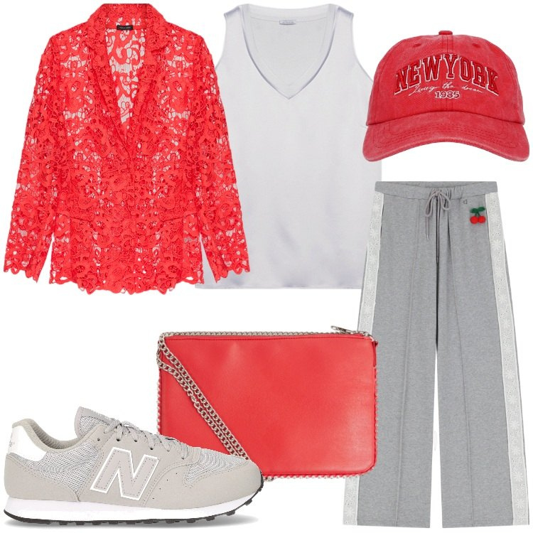 Outfit donna - Pizzo e sporty - @pamela. Stile Sporty chic per Serata fuori. Abbinamento con borse a tracolla, cappelli, pantaloni sportivi, blazer, top, sneakers.
