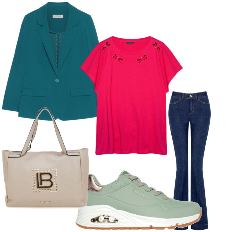 Outfit donna - Blaterare for me. Stile Casual per Tutti i giorni. Abbinamento con jeans a zampa, sneakers, borse a spalla, blazer, t-shirt.