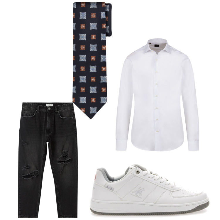 Outfit uomo - Scacco matto. Stile Business/Elegante per Ufficio. Abbinamento con jeans strappati, sneakers, camicie, cravatte.