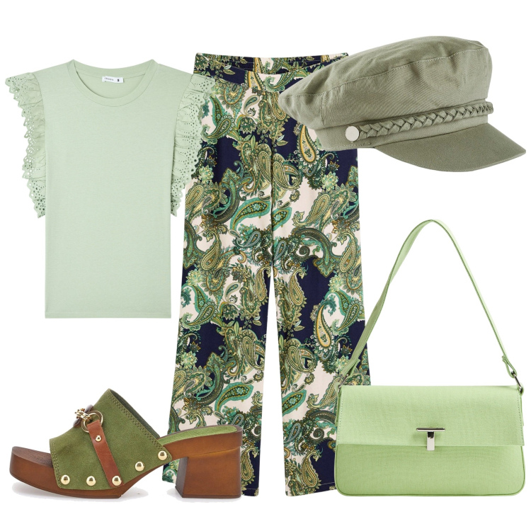 Outfit donna - Stilosa. Stile 70s per Tutti i giorni. Abbinamento con pantaloni, cappelli, t-shirt, borse a spalla, zoccoli.
