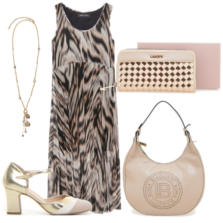 Outfit donna - L\'abito lungo. Stile Chic per Tutti i giorni. Abbinamento con vestiti lunghi, portafogli, borse a spalla, ciondoli, sandali col tacco.