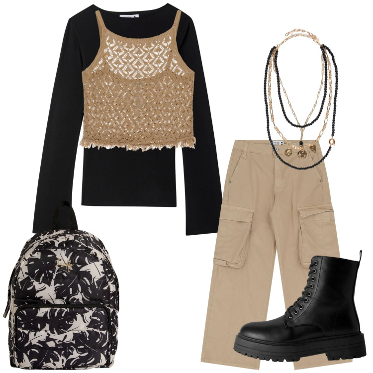 Outfit donna - Total look #2244230. Stile Casual per Tutti i giorni. Abbinamento con anfibi, t-shirt, pantaloni chino, zaini, top, collane.