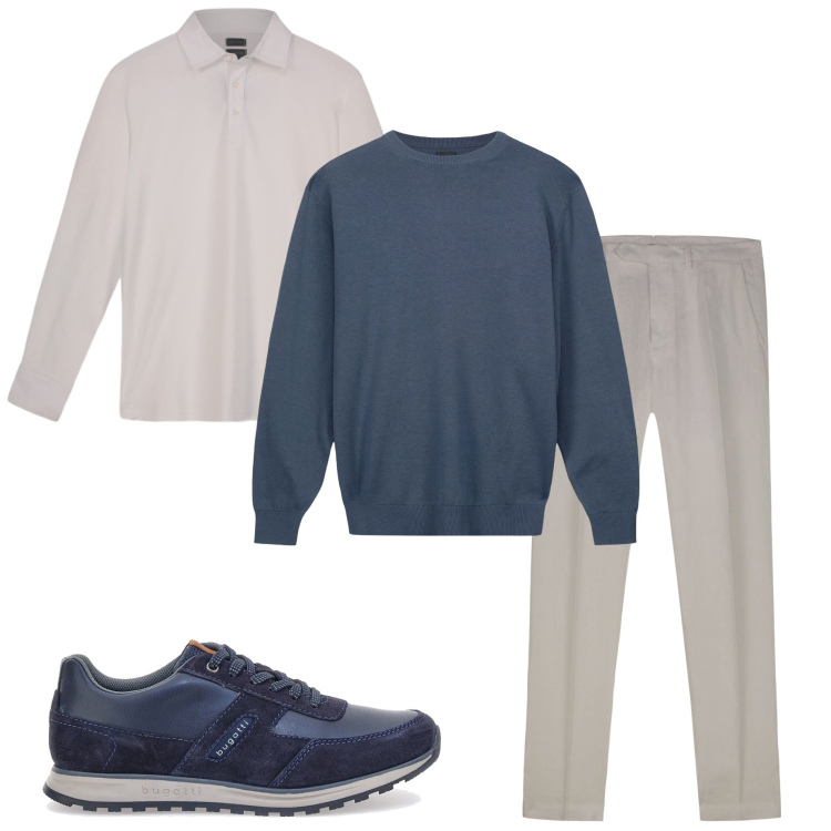 Outfit uomo - Maglione sopra la polo. Stile Urban per Ufficio. Abbinamento con scarpe stringate, maglieria, pantaloni, polo.