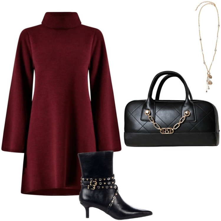 Outfit donna - Semplice ed elegante. Stile Chic per Serata fuori. Abbinamento con vestiti corti, stivaletti, borse a mano, ciondoli.