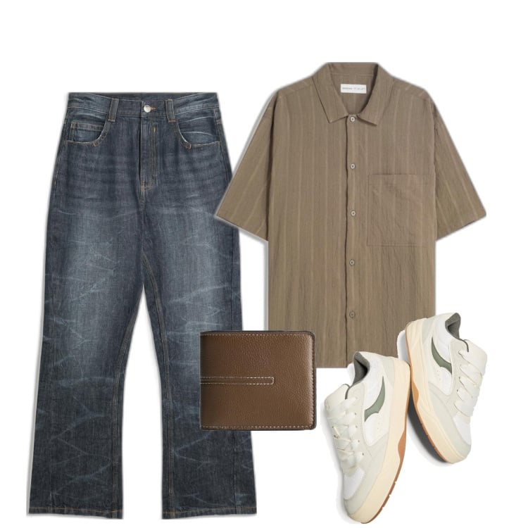 Outfit hombre - Cartera nueva. Estilo Casual para Todos los días. Combinación con vaqueros, carteras, sneakers, camisas de manga corta.