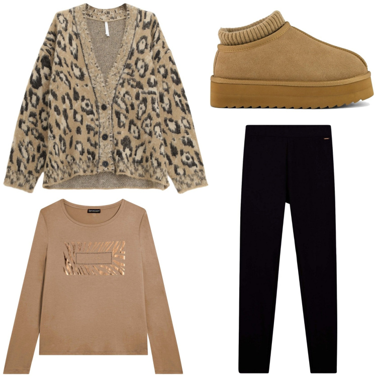 Outfit donna - Relax in casa. Stile Casual per Tutti i giorni. Abbinamento con cardigans, leggings, t-shirt, sabot.