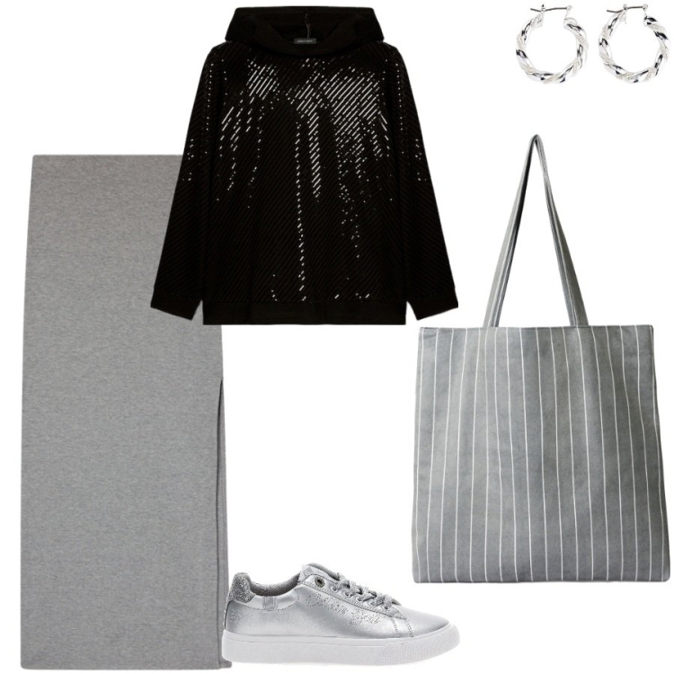 Outfit donna - La felpa che brilla. Stile Casual per Tutti i giorni. Abbinamento con orecchini, shopping bag, gonne lunghe, felpe con cappuccio, sneakers.