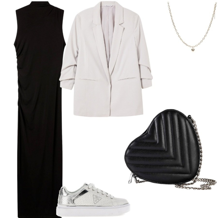 Outfit donna - Comoda e femminile. Stile Trendy per Serata fuori. Abbinamento con borse a tracolla, vestiti lunghi, blazer, collane, sneakers.