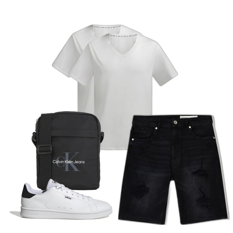 Outfit hombre - Blanco y negro. Estilo Urban para Todos los días. Combinación con camiseta, bolsos deportivos, bermudas, sneakers.