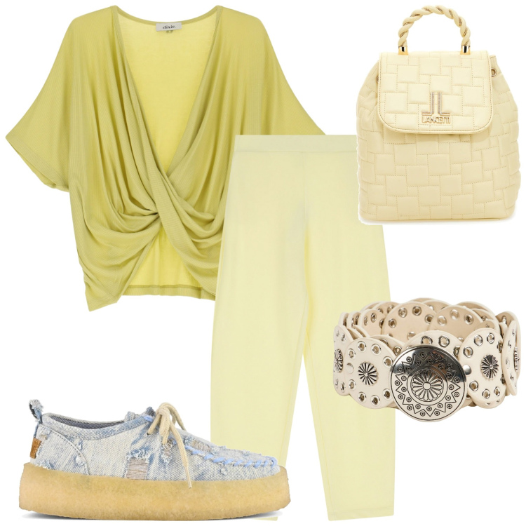 Outfit donna - Un tocco giallo. Stile Casual per Tutti i giorni. Abbinamento con cinture, pantaloni, t-shirt, mocassini, zaini.