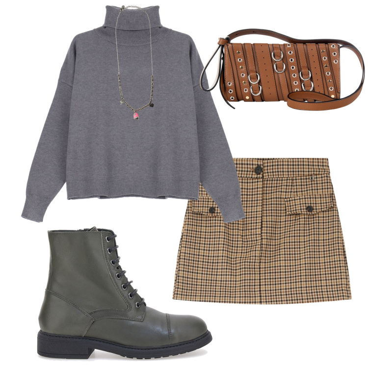 Outfit donna - Basic style. Stile Basic per Tutti i giorni. Abbinamento con borse a spalla, ciondoli, gonne, maglieria, stivaletti.