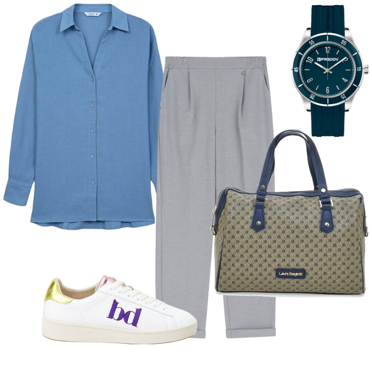 Outfit donna - Easy outfit. Stile Casual per Tutti i giorni. Abbinamento con camicie, orologi, sneakers, pantaloni, borse a spalla.