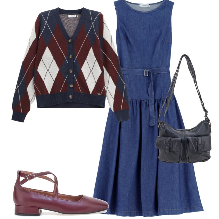 Outfit donna - Abito denim. Stile Casual chic per Tutti i giorni. Abbinamento con vestiti lunghi, cardigans, borse a tracolla, ballerine.