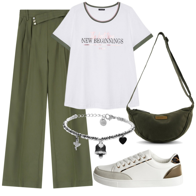 Outfit donna - Un pomeriggio in estate. Stile Casual per Tutti i giorni. Abbinamento con sneakers, pantaloni, braccialetti, t-shirt, borse a tracolla.