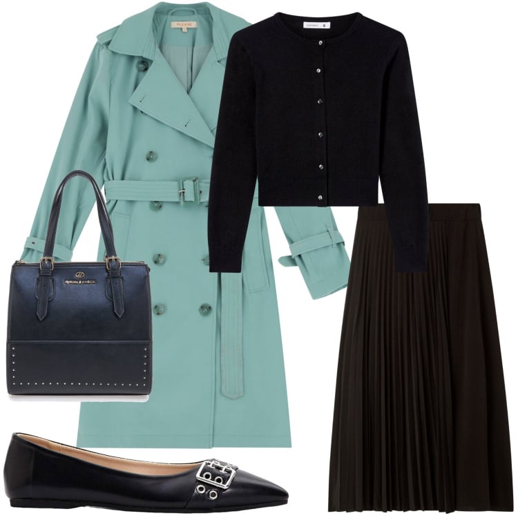 Outfit donna - In città. Stile Casual chic per Ufficio. Abbinamento con ballerine, gonne lunghe, cardigans, trench, borse a mano.