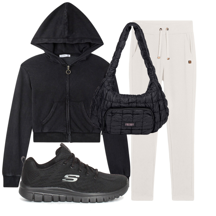 Outfit donna - In tuta. Stile Sporty chic per Sport. Abbinamento con felpe con cappuccio, pantaloni, borse a spalla, sneakers.