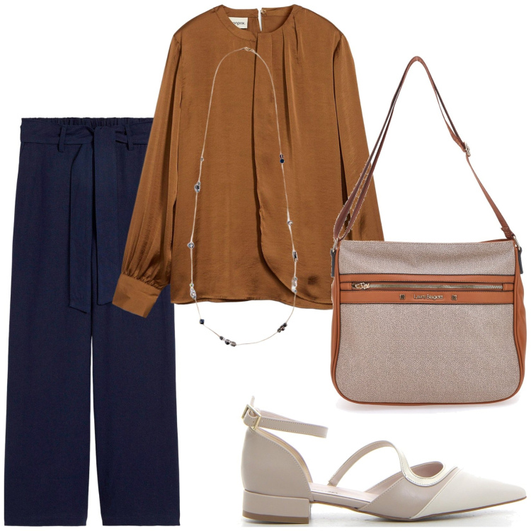 Outfit donna - Total look #2244272. Stile Casual chic per Ufficio. Abbinamento con pantaloni culotte, bluse, collane, borse a tracolla, sandali.