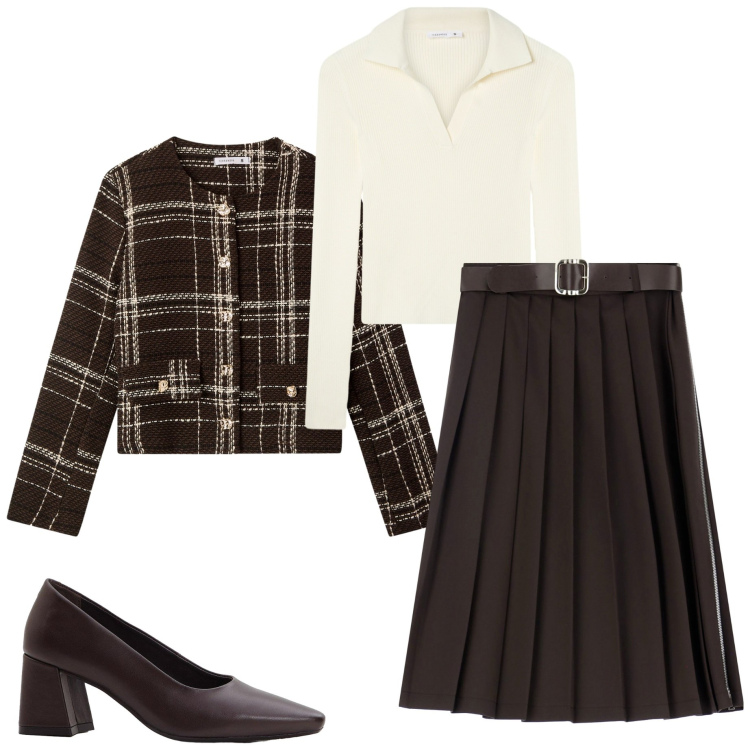 Outfit donna - In ufficio. Stile Bon Ton per Ufficio. Abbinamento con décolleté, blazer, maglieria, gonne longuette.