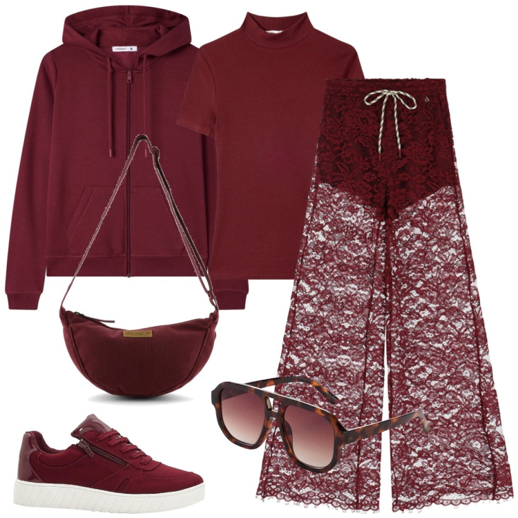 Outfit donna - Total look #2244275. Stile Sporty chic per Tutti i giorni. Abbinamento con occhiali da sole, sneakers, felpe con cappuccio, t-shirt, pantaloni, borse a tracolla.