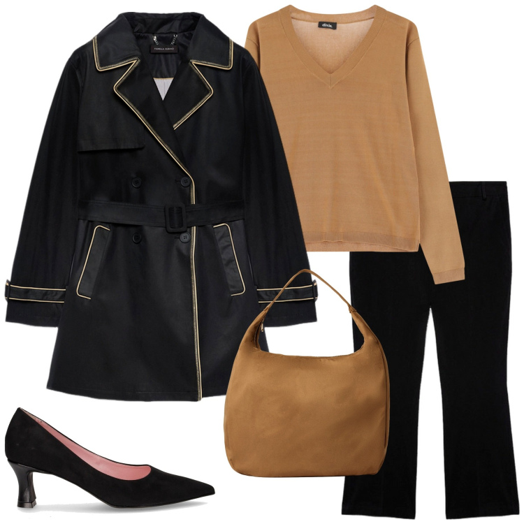 Outfit donna - In città. Stile Casual chic per Tutti i giorni. Abbinamento con borse a mano, pullovers, pantaloni, trench, décolleté.