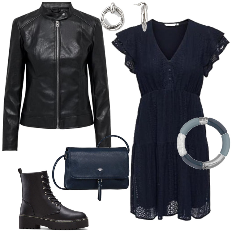 Outfit femme - Sibylle. Style Tendance pour Soirée dehors. Assortir avec bottes, boucles d'oreilles, sacs en bandoulière, vestes, bracelets, robes.