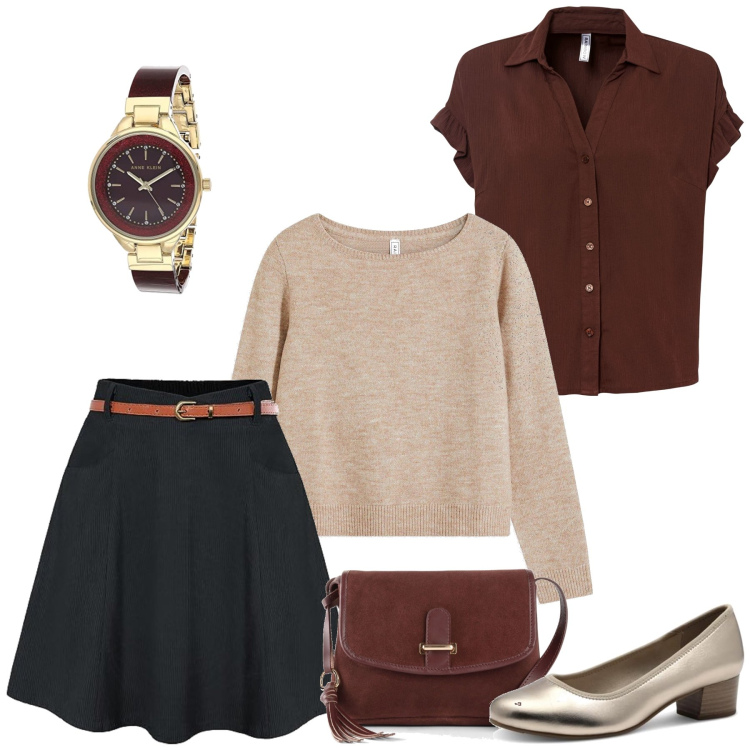 Outfit femme - Ornella. Style Bon Ton pour Tous les jours. Assortir avec sacs en bandoulière, chemises à manches courtes, pulls, chaussures à talon, minijupes, montres.