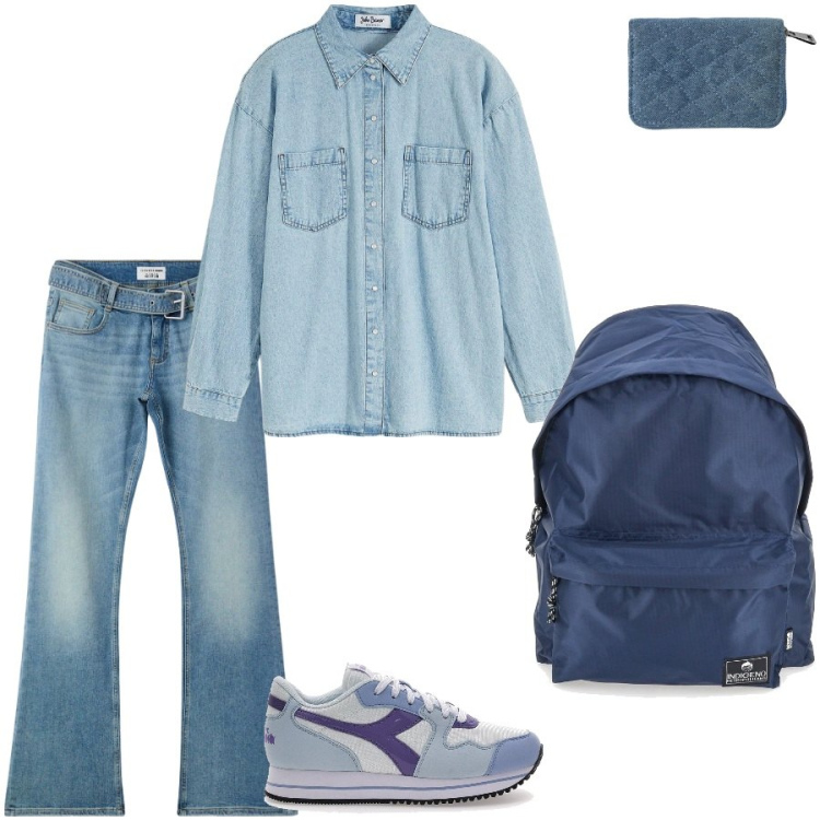 Outfit donna - Denim. Stile Casual per Tutti i giorni. Abbinamento con camicie, portafogli, jeans a zampa, zaini, sneakers.