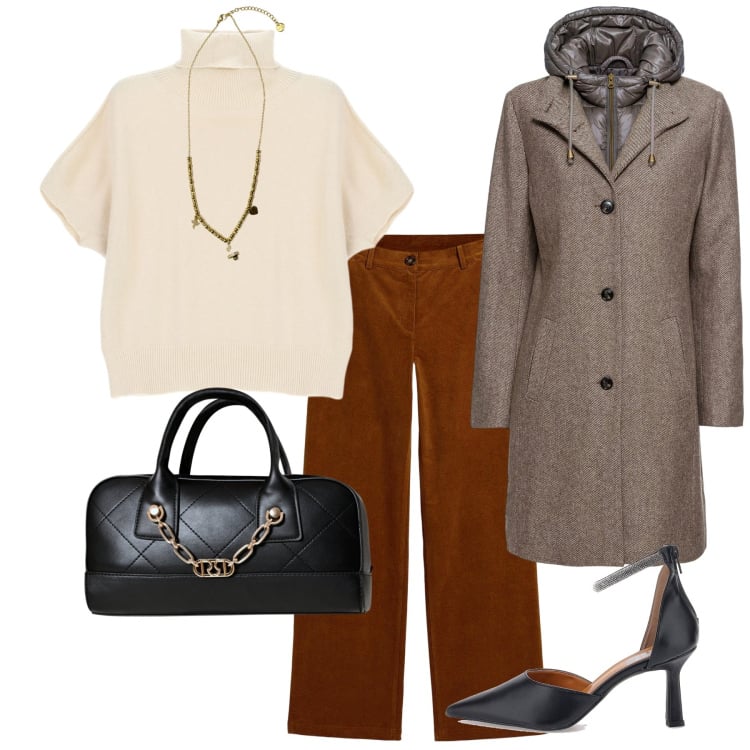 Outfit donna - Total look #2244289. Stile Minimal per Ufficio. Abbinamento con cappotti, pantaloni, borse a mano, maglieria, ciondoli, décolleté.