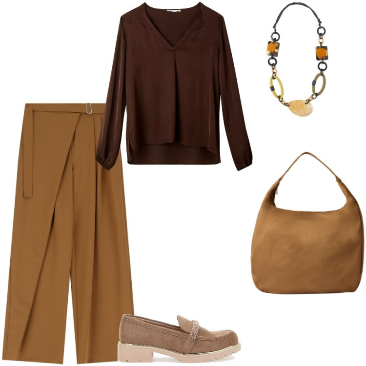 Outfit donna - Work day. Stile Casual per Ufficio. Abbinamento con bluse, borse a mano, pantaloni a palazzo, mocassini, collane.