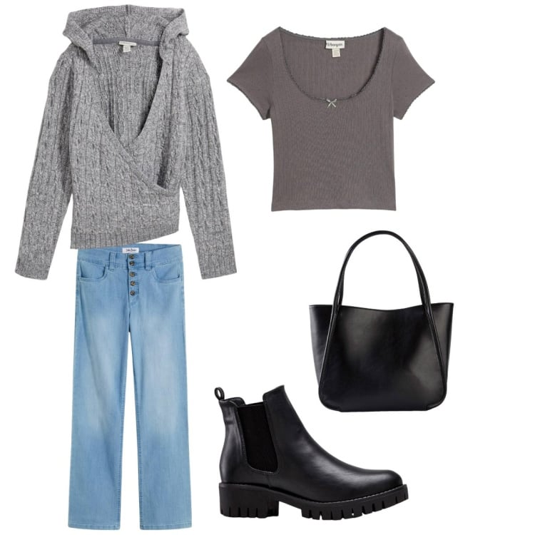 Outfit donna - Primi freddi. Stile Casual per Tutti i giorni. Abbinamento con jeans dritti, stivaletti chelsea, pullovers, shopping bag, t-shirt.